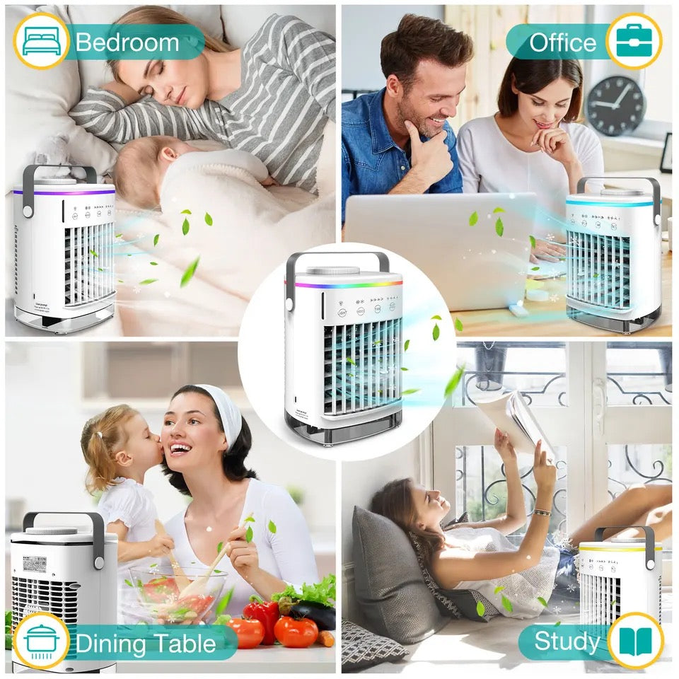 Portable Air Conditioner, Mini Portable Air Conditioner Fan, 4 Wind Speeds and 7 LED Lights, 2 Cold Air Sprays and 2-8 Hours Timer, Air Conditioner