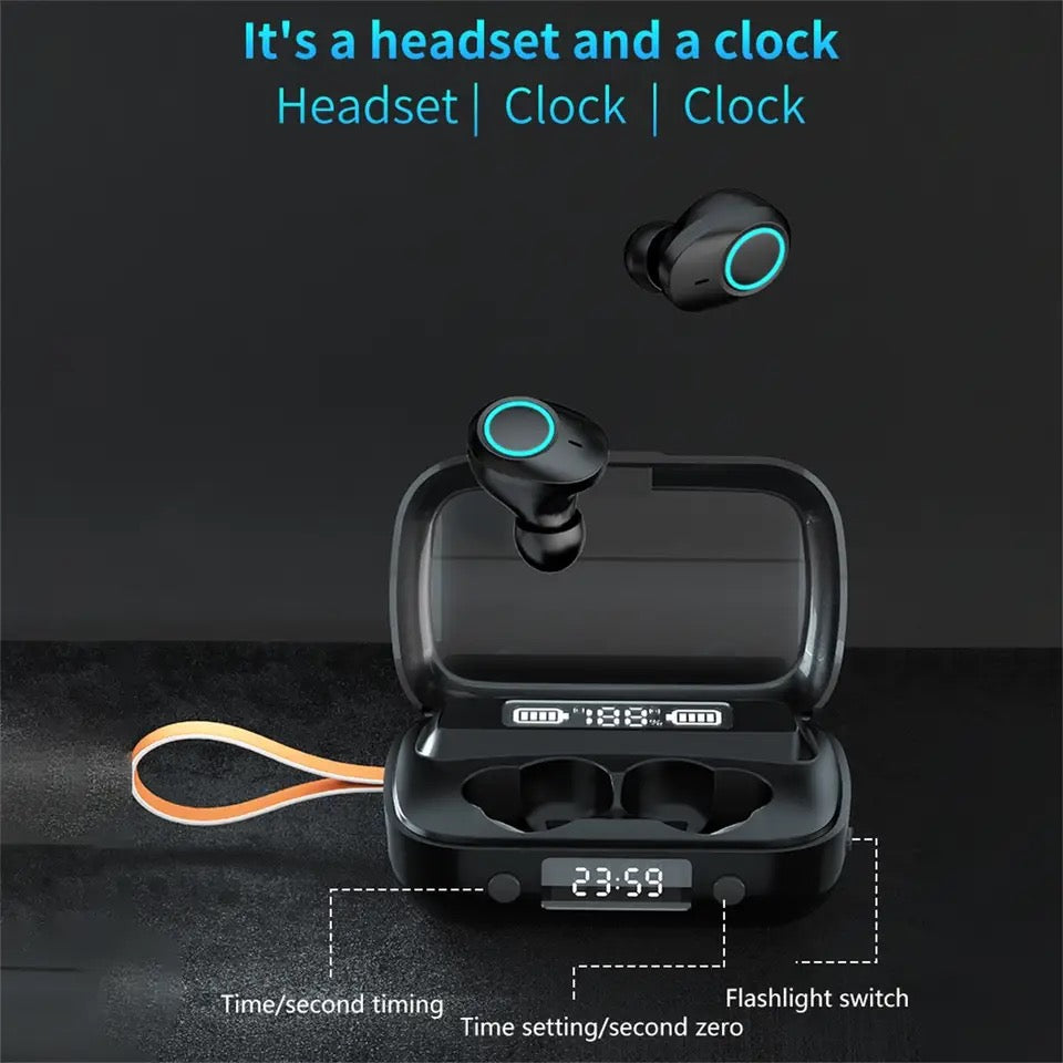 Bluetooth Earphones with Flashlight Clock Display