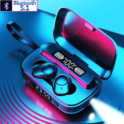 Bluetooth Earphones with Flashlight Clock Display