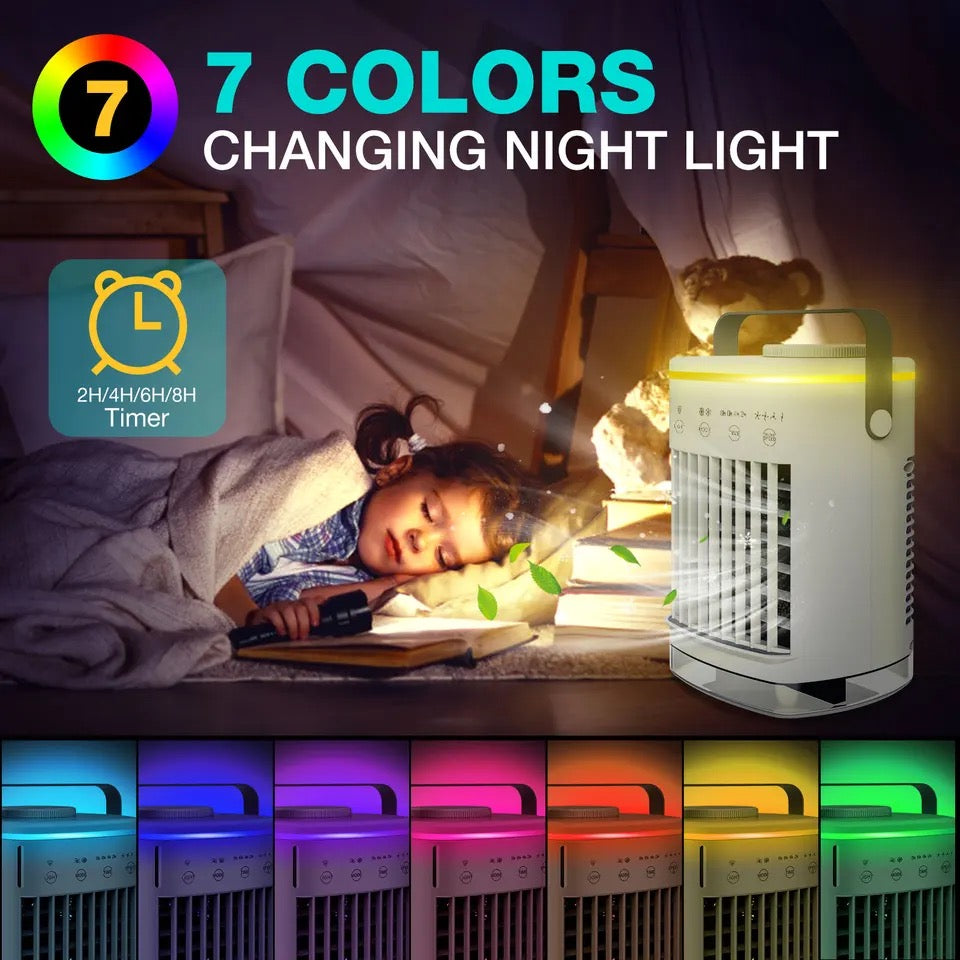 Portable Air Conditioner, Mini Portable Air Conditioner Fan, 4 Wind Speeds and 7 LED Lights, 2 Cold Air Sprays and 2-8 Hours Timer, Air Conditioner