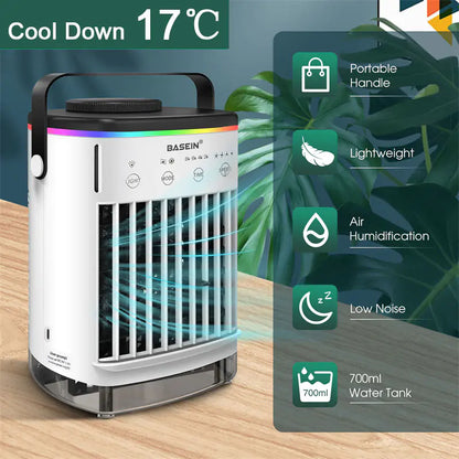 Portable Air Conditioner, Mini Portable Air Conditioner Fan, 4 Wind Speeds and 7 LED Lights, 2 Cold Air Sprays and 2-8 Hours Timer, Air Conditioner