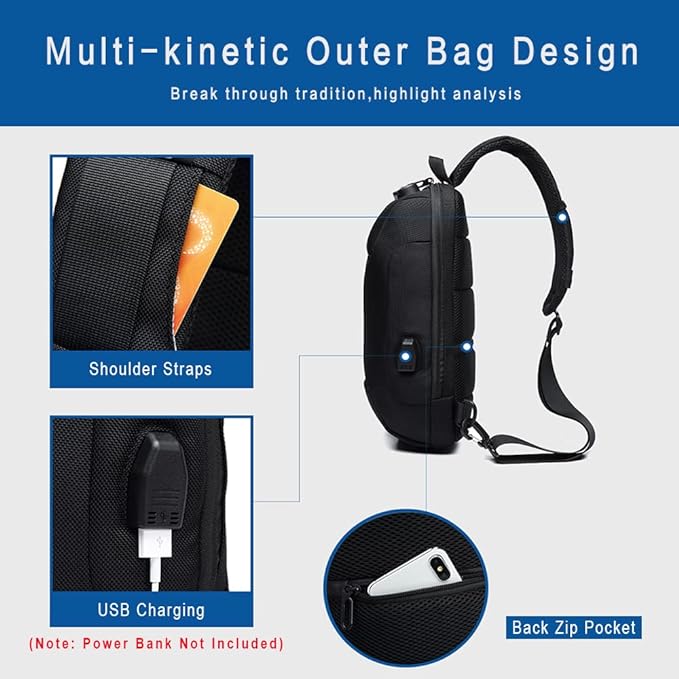 Anti Theft Sling Bag Shoulder Crossbody Backpack Waterproof Chest Bag with USB Charging Port Lightweight Casual