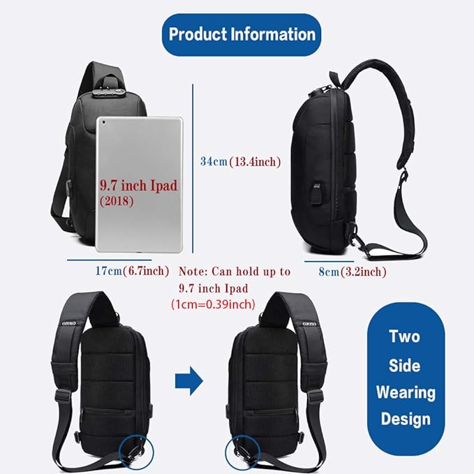 Anti Theft Sling Bag Shoulder Crossbody Backpack Waterproof Chest Bag with USB Charging Port Lightweight Casual