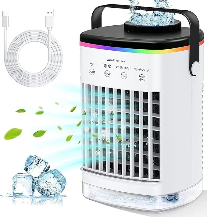 Portable Air Conditioner, Mini Portable Air Conditioner Fan, 4 Wind Speeds and 7 LED Lights, 2 Cold Air Sprays and 2-8 Hours Timer, Air Conditioner