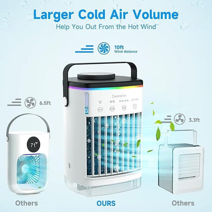 Portable Air Conditioner, Mini Portable Air Conditioner Fan, 4 Wind Speeds and 7 LED Lights, 2 Cold Air Sprays and 2-8 Hours Timer, Air Conditioner