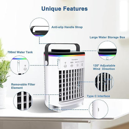 Portable Air Conditioner, Mini Portable Air Conditioner Fan, 4 Wind Speeds and 7 LED Lights, 2 Cold Air Sprays and 2-8 Hours Timer, Air Conditioner