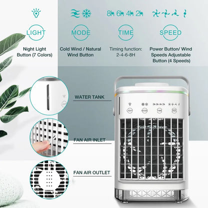 Portable Air Conditioner, Mini Portable Air Conditioner Fan, 4 Wind Speeds and 7 LED Lights, 2 Cold Air Sprays and 2-8 Hours Timer, Air Conditioner