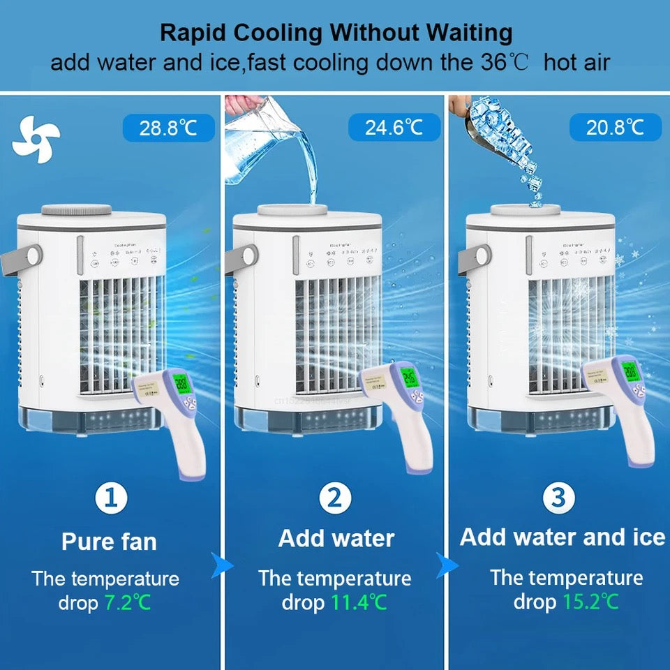 Portable Air Conditioner, Mini Portable Air Conditioner Fan, 4 Wind Speeds and 7 LED Lights, 2 Cold Air Sprays and 2-8 Hours Timer, Air Conditioner