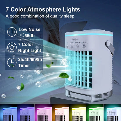 Portable Air Conditioner, Mini Portable Air Conditioner Fan, 4 Wind Speeds and 7 LED Lights, 2 Cold Air Sprays and 2-8 Hours Timer, Air Conditioner