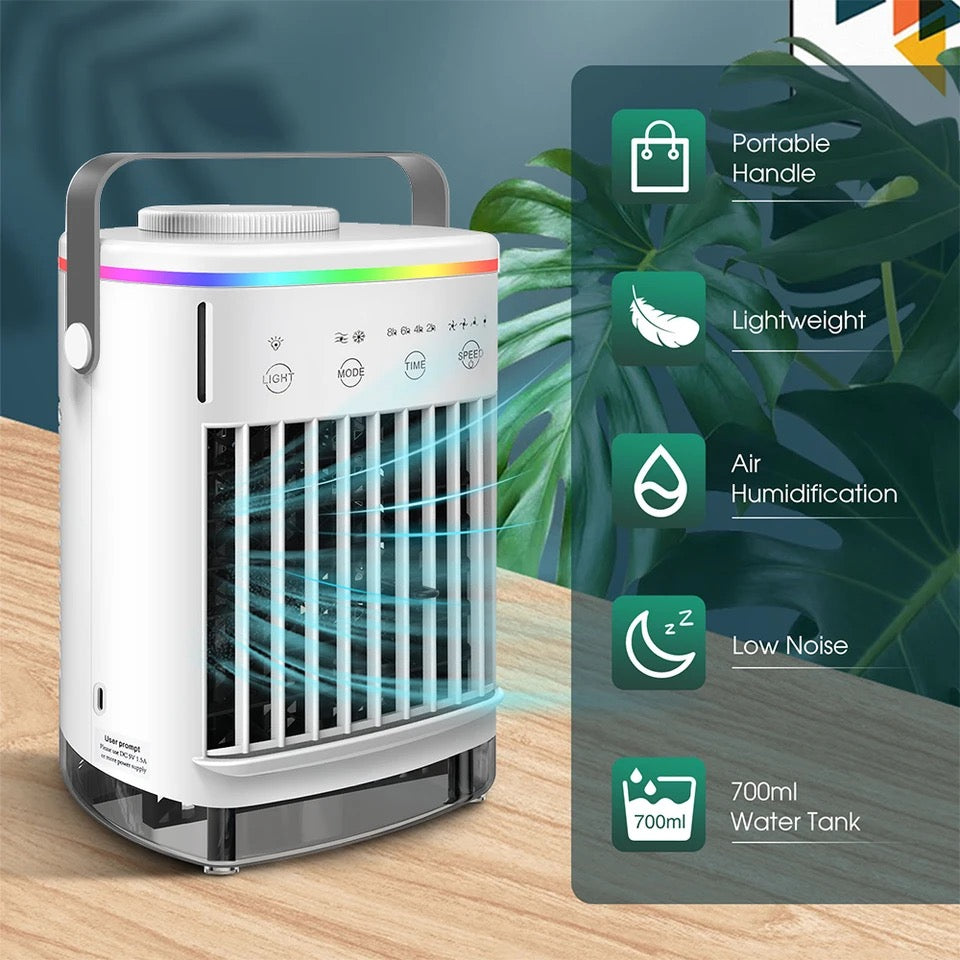 Portable Air Conditioner, Mini Portable Air Conditioner Fan, 4 Wind Speeds and 7 LED Lights, 2 Cold Air Sprays and 2-8 Hours Timer, Air Conditioner