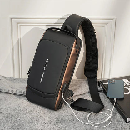 Exclusive Leather Bag Chest Sling Bag for Men Anti-Theft USB Crossbody Backpack Waterproof Chest