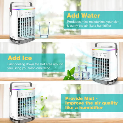 Portable Air Conditioner, Mini Portable Air Conditioner Fan, 4 Wind Speeds and 7 LED Lights, 2 Cold Air Sprays and 2-8 Hours Timer, Air Conditioner