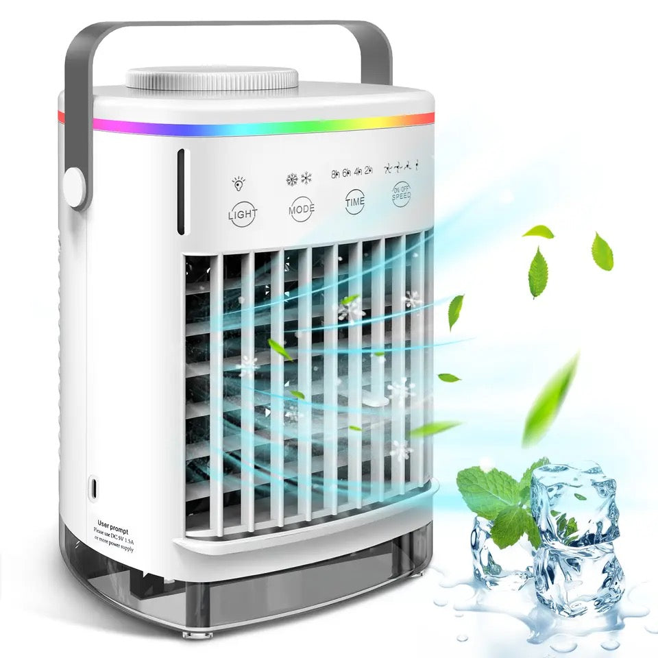 Portable Air Conditioner, Mini Portable Air Conditioner Fan, 4 Wind Speeds and 7 LED Lights, 2 Cold Air Sprays and 2-8 Hours Timer, Air Conditioner