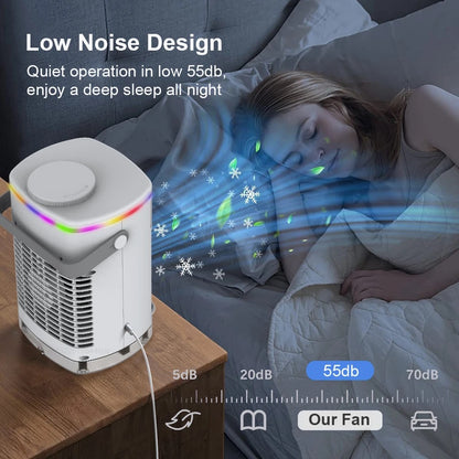 Portable Air Conditioner, Mini Portable Air Conditioner Fan, 4 Wind Speeds and 7 LED Lights, 2 Cold Air Sprays and 2-8 Hours Timer, Air Conditioner