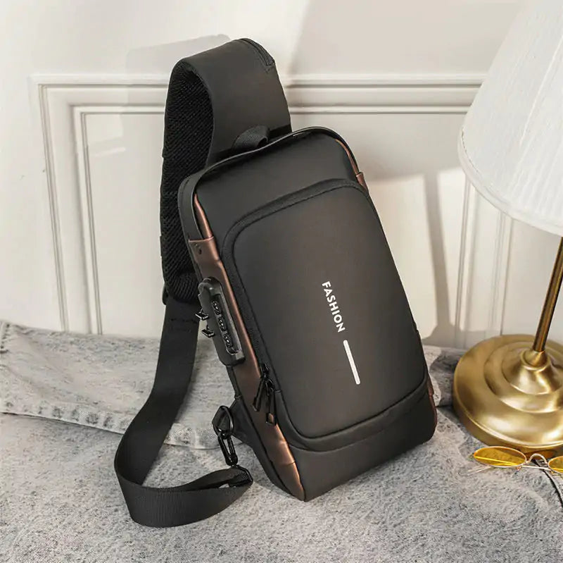 Exclusive Leather Bag Chest Sling Bag for Men Anti-Theft USB Crossbody Backpack Waterproof Chest