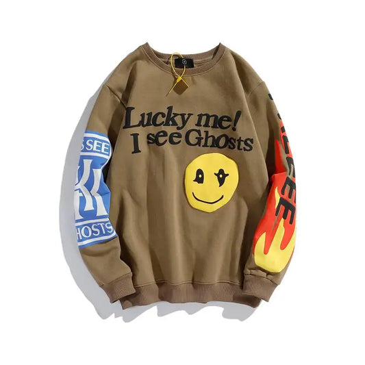 Retro Letter Flame Puff Print Round Neck Sweatshirt